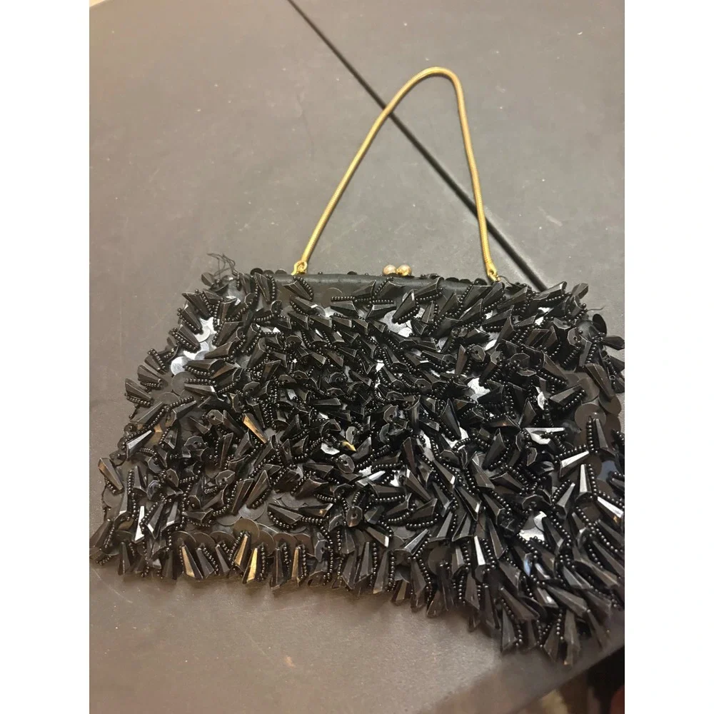 Vintage Black Sequin Beaded Fringe Evening Clutch Handmade Hong Kong Gold Chain